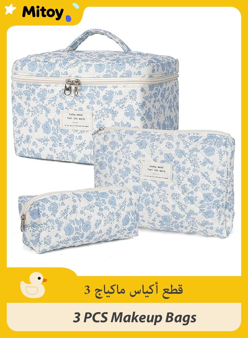 Mitoy 3 Pcs Cotton Quilted Makeup Bag Set, Floral Cosmetic Bag, Aesthetic Toiletry Travel Organizer Bag for Women Girls - Image 1